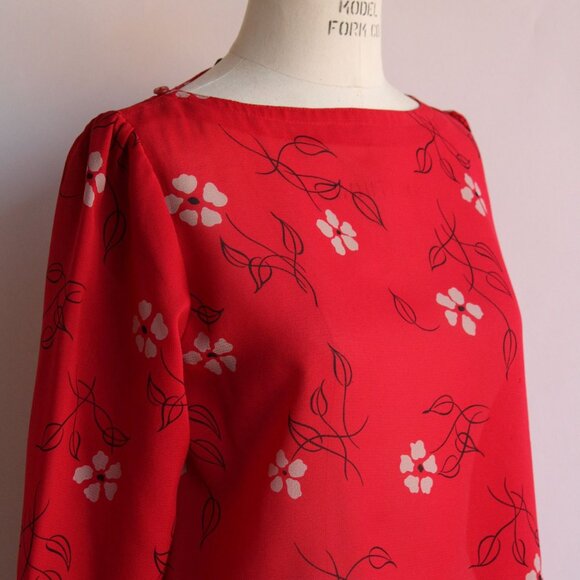 Vintage 1990s 2000s Blouse, Pant-her Red and White Floral Print Shirt Grandma - Picture 7 of 10